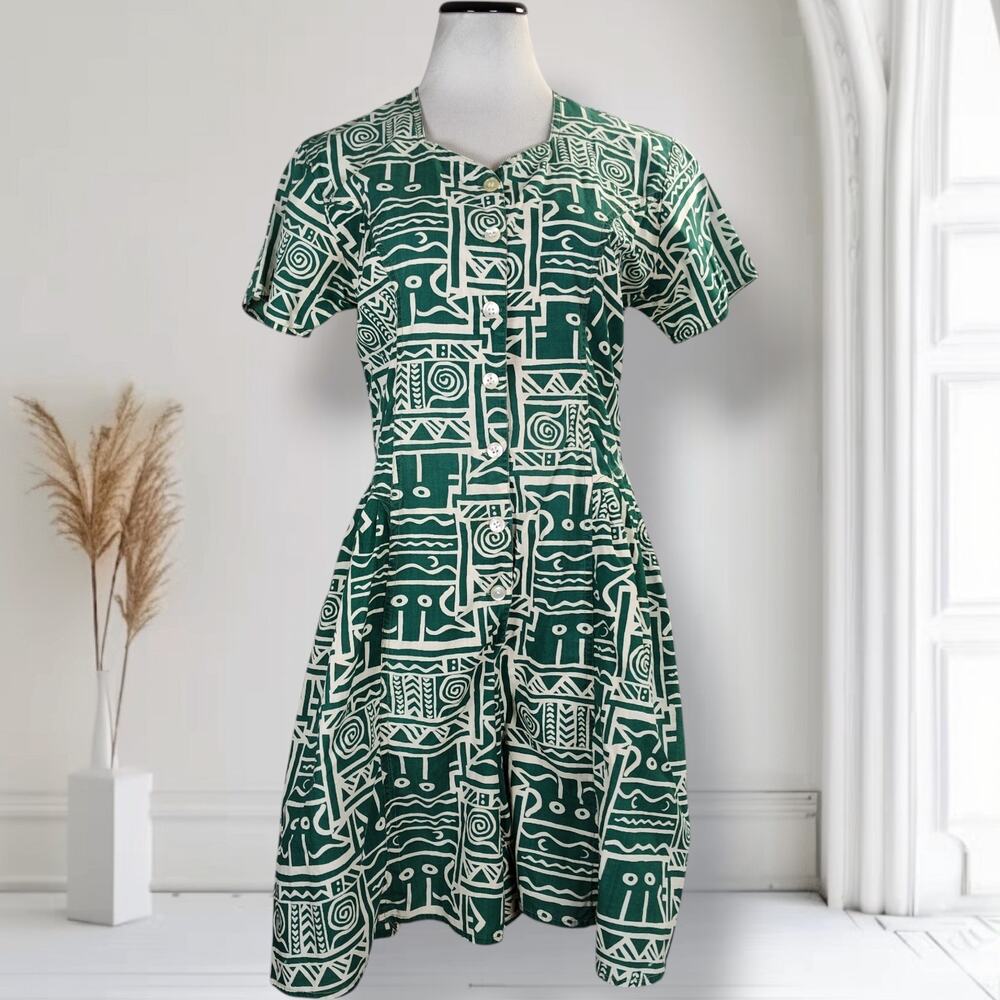 Vintage 90s Hunt Club Green Abstract Cotton Romper Button Front Pockets M